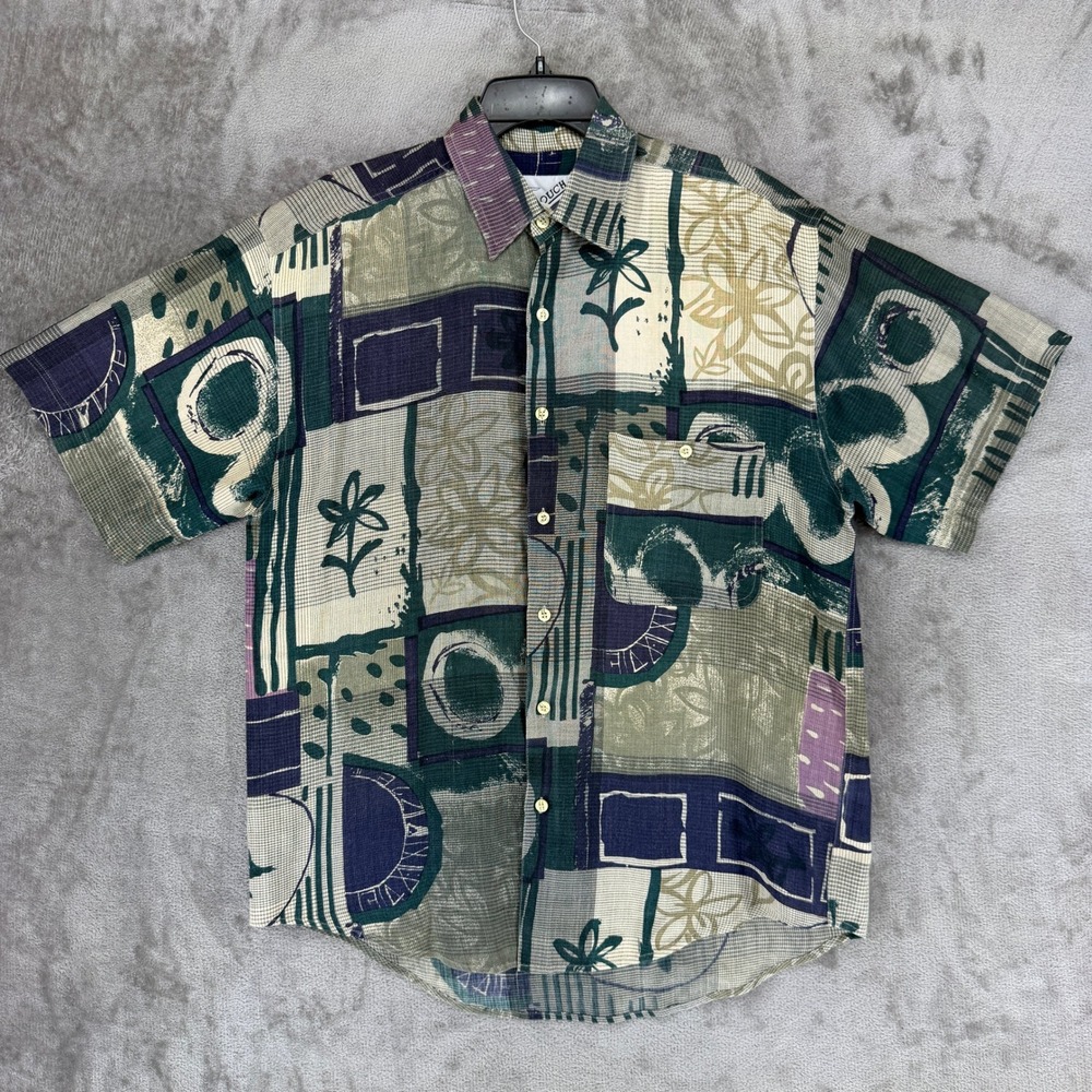 Goouch Mens Medium Silk Linen Abstract Geometric Floral Short Sleeve Shirt Green